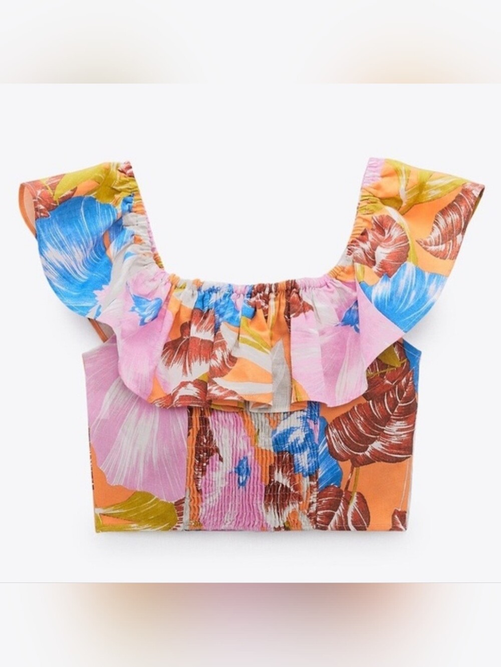 ZARA Colorful Floral Ruffle Crop Top Size S Bohemian Vacation Summer Feminine - Picture 2 of 7